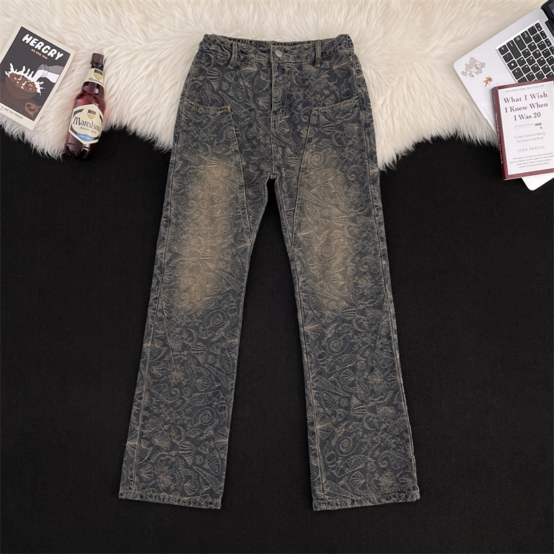 复古蓝水洗提花满印牛仔裤男款美式vibe风直筒半松紧解构微喇长裤