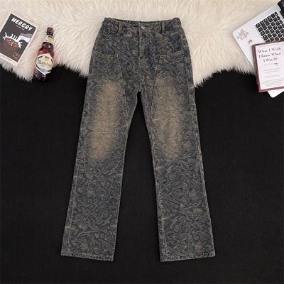 复古蓝水洗提花满印牛仔裤男款美式vibe风直筒半松紧解构微喇长裤