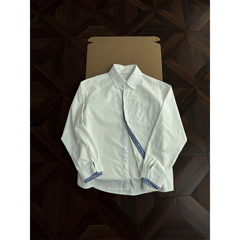 复古早秋格纹拼接长袖衬衫男生通勤格子衬衣美式cleanfit开衫外套