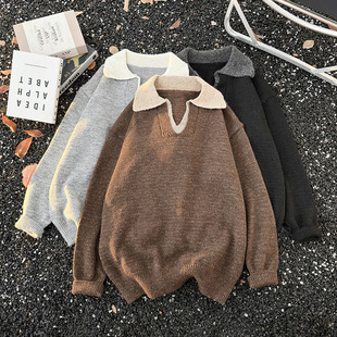 老钱风vintage假两件V领毛衣男冬季 拼接翻领线衣套头高级感针织衫