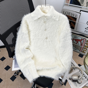 套头长袖 韩系情侣装 毛衣 男女冬季 高级感毛绒翻领纽扣仿貂毛针织衫