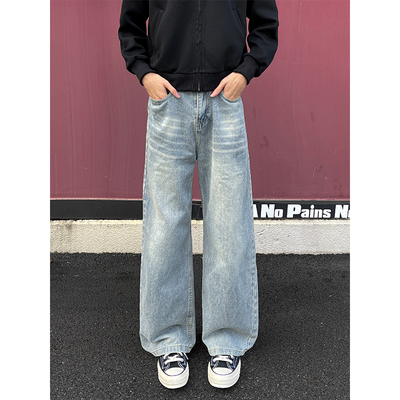 美式复古蓝做旧微喇牛仔裤男生宽松水洗直筒拖地弯刀阔腿裤青少年