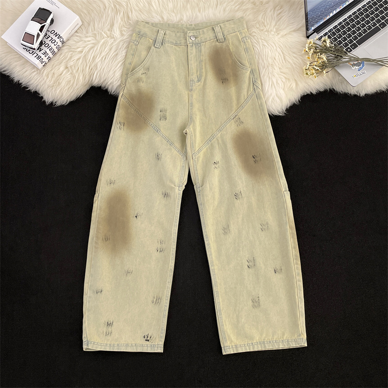 复古涂鸦弯刀黄泥色牛仔裤男女美式cleanfit阔腿拼接解构微喇裤子