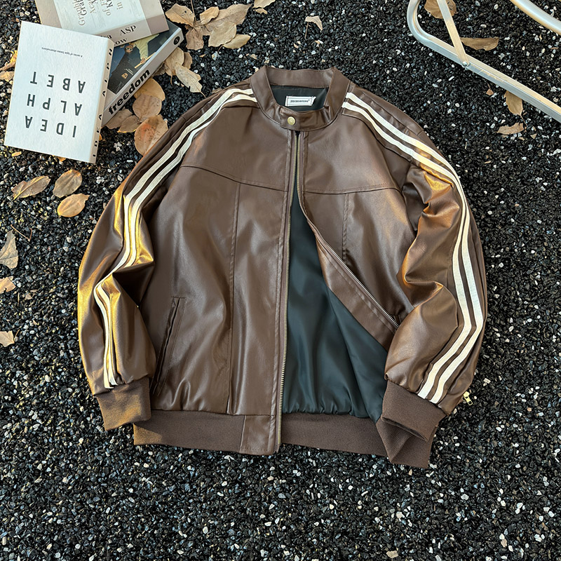 三条杠PU皮棒球服夹克男装高级感垫肩条纹拼接机车风立领皮衣外套