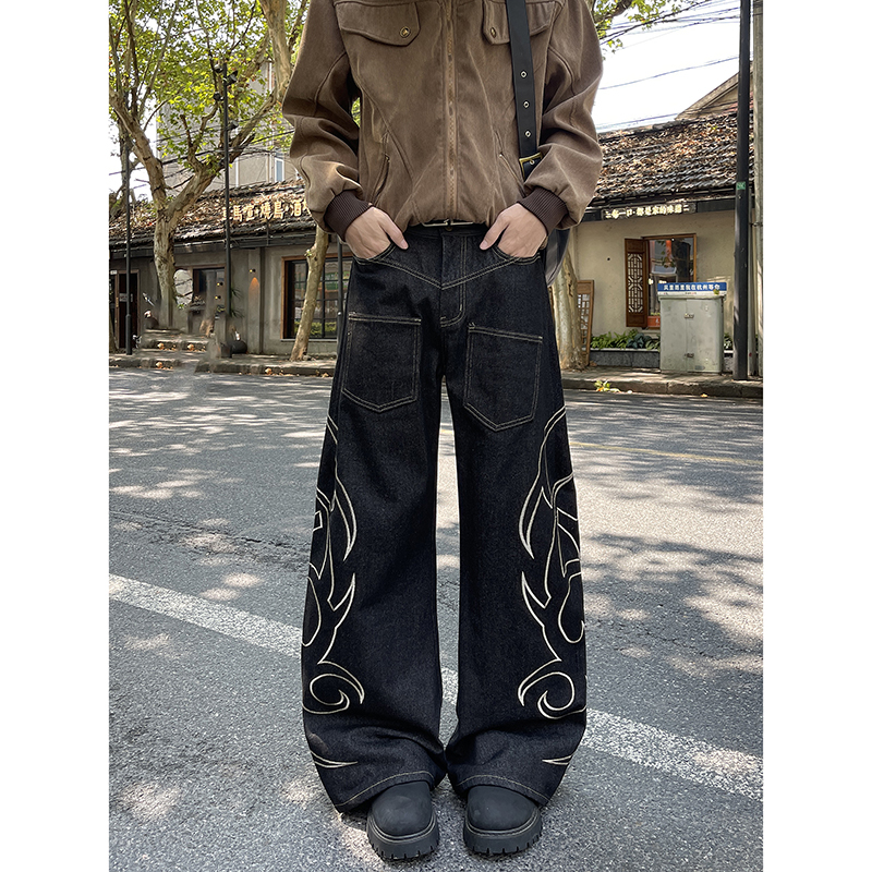 美式蛇皮拼接弯刀牛仔裤男女微喇显瘦宽松垂感阔腿拖地长裤青少年