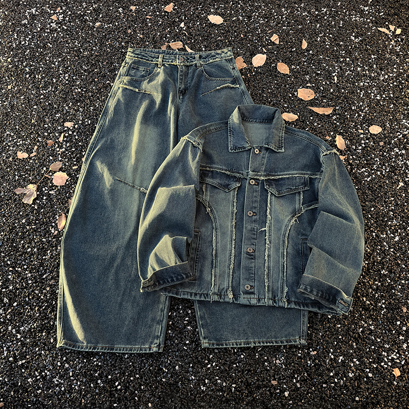 套装水洗垫肩毛边牛仔夹克男女显瘦宽松阔腿拖地解构牛仔裤两件套