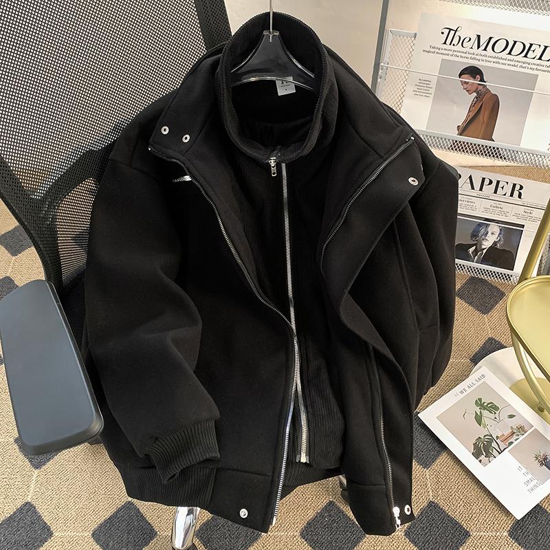 潮牌重磅假两件加厚毛呢外套男款2025年冬季美式工装呢子夹克上衣