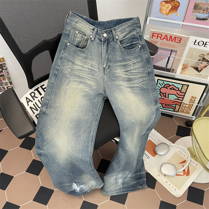 美式做旧磨白猫须牛仔裤男款复古水洗泼墨嘻哈直筒阔腿长裤青少年