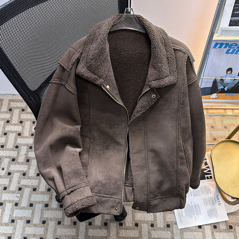 冬季机车翻领皮毛一体羊羔绒棉衣男生加厚加绒保暖工装夹克棉袄子