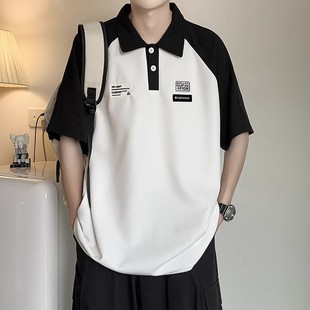 男款 美式 撞色polo衫 夏季 衣服 宽松翻领短袖 T恤高街潮牌情侣五分袖