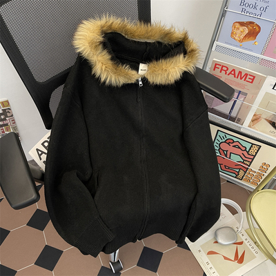 冬季重磅连帽针织衫男女潮牌ins加厚大毛领外套美式开衫毛衣带帽