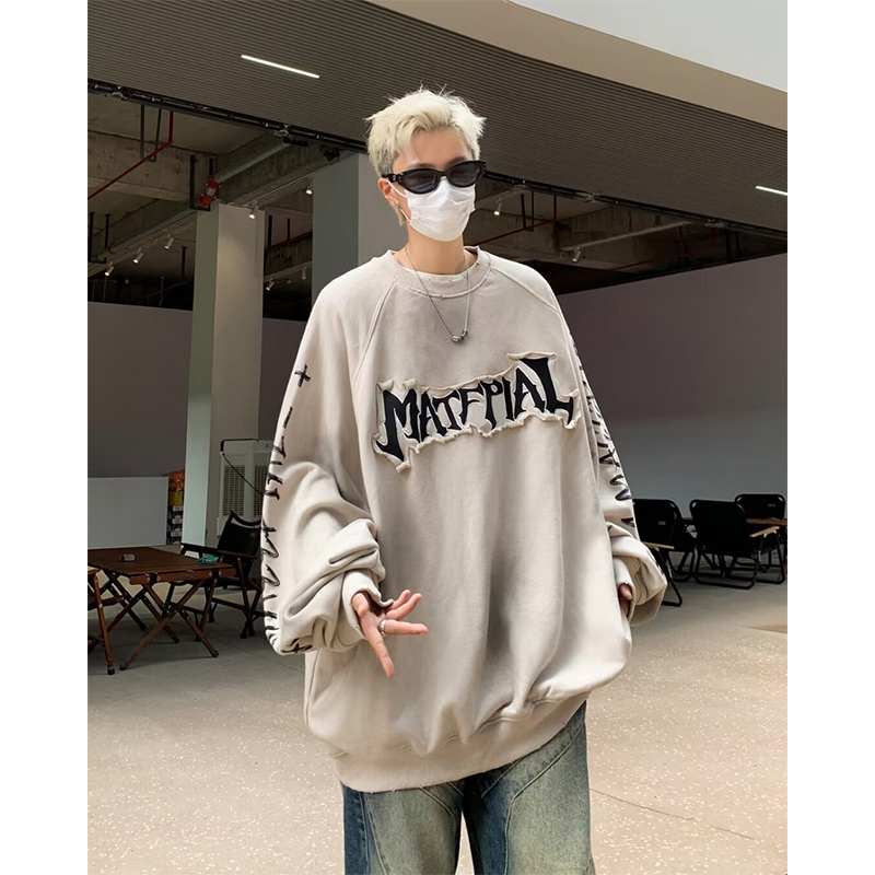 废土风脏脏贴布卫衣男女宽松圆领秋季美式hiphop外穿潮牌重磅衣服