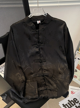 新中式黑色长袖衬衫男夏款唐装中国风盘扣刺绣中山装防晒外穿衬衣