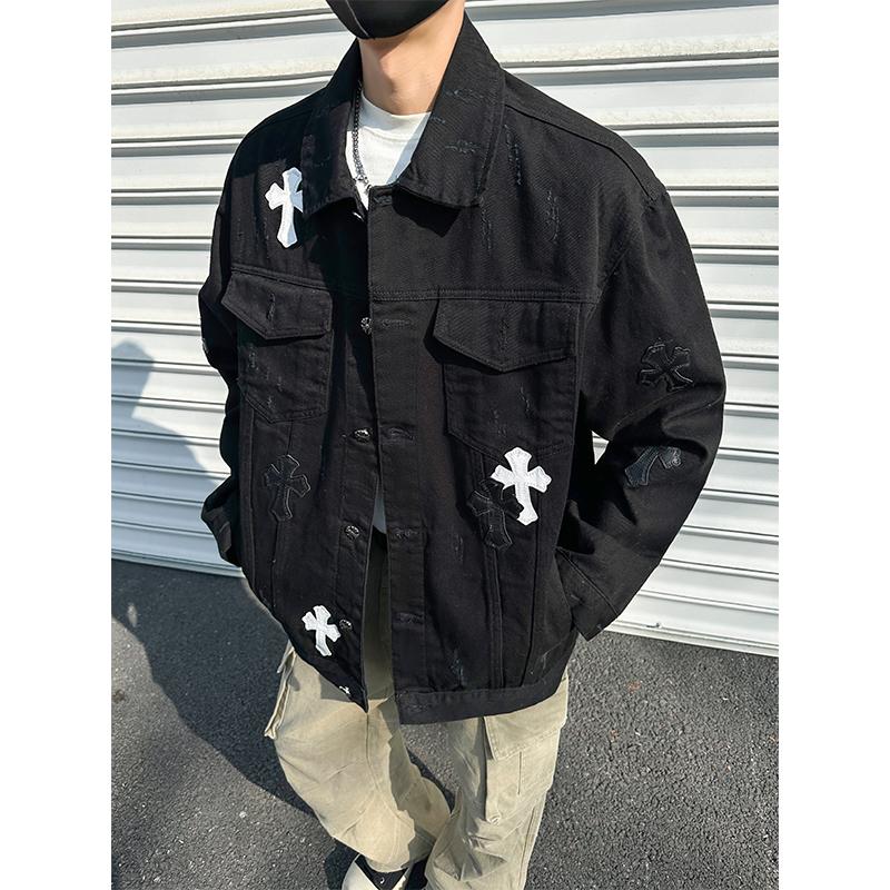 复古十字架贴标垫肩牛仔衣外套男装cleanfit翻领夹克高级感机车服