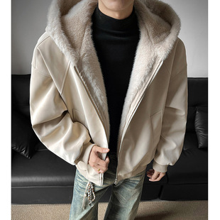 座山雕美式PU皮衣羽绒棉服男款冬装加绒加厚抗寒棉袄潮牌连帽棉衣