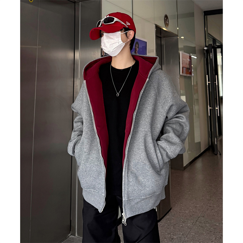 cleanfit撞色拼接双头拉链连帽廊形卫衣男女外穿宽松长袖美式上衣