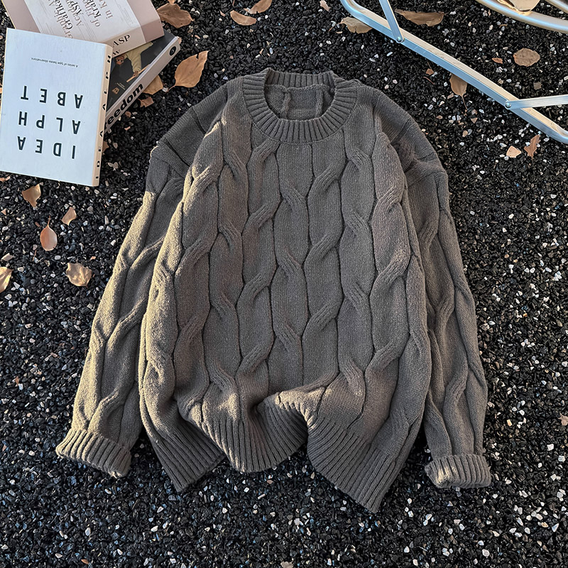 高级感鹿毛绒大麻花毛衣男生冬季2025圆领保暖针织衫宽松内搭毛衫