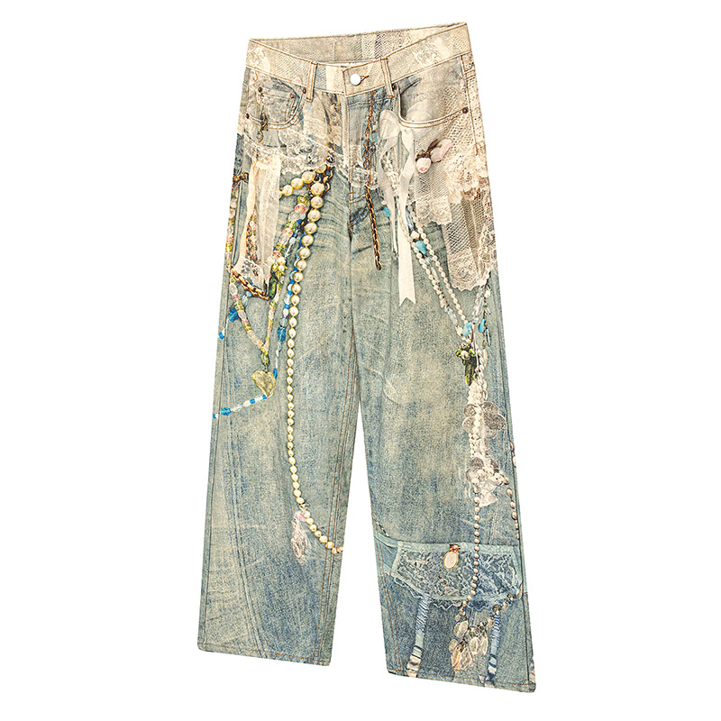 重工废土风3D数码链条印花牛仔裤男女设计垂感宽松阔腿拖地裤美式