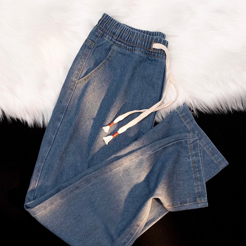 直筒松紧腰抽绳牛仔裤