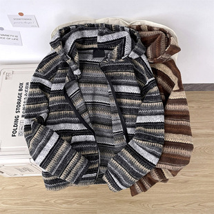 重磅vintage老钱风休闲帽衫 撞色条纹毛织布开衫 连帽卫衣外套男款