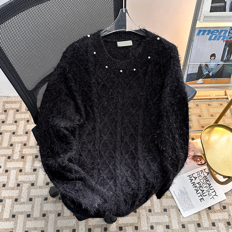 黑色水貂毛钉珠毛衣男女冬季2025长袖软糯针织衫cleanfit内搭保暖