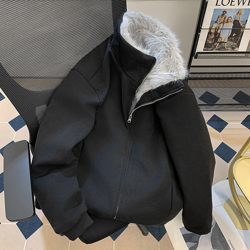 座山雕美式加绒棉服男冬季加厚保暖棉衣立领垫肩毛绒夹克短款外套