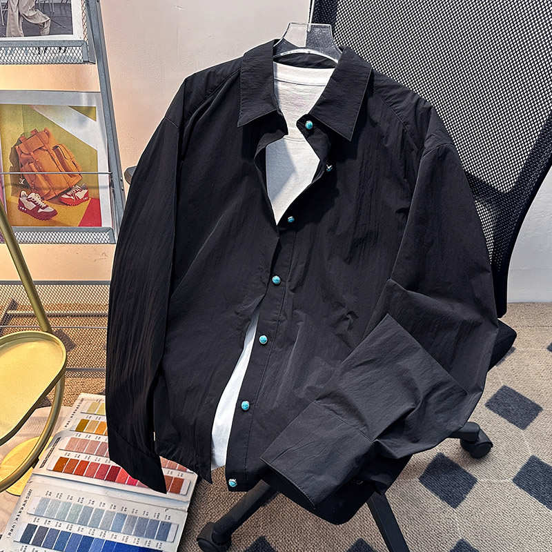 时尚长袖防晒衬衫男女款高级设计感褶皱打底衬衣白色cleanfit外套