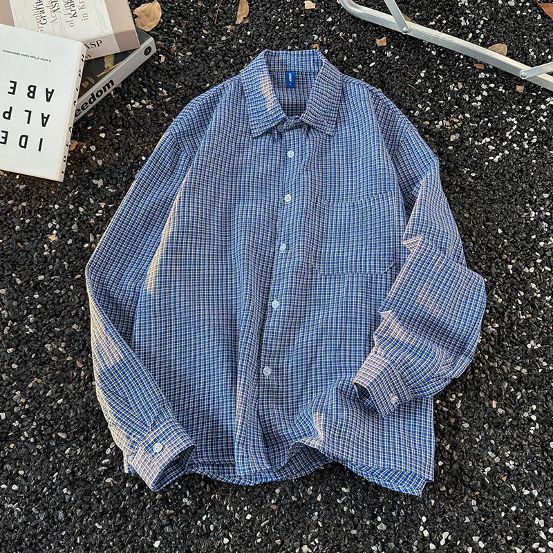 蓝色格纹衬衫男女bf基础款格子布长袖衬衣cleanfit高级感翻领外套