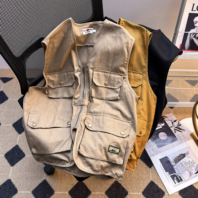 复古斜纹工装V领马甲男款vibe风多口袋无袖背心坎肩战术马夹外套