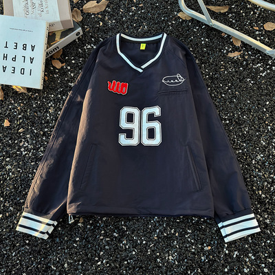 美式简约长袖V领球服卫衣男装春秋季新款宽松百搭套头T恤上衣运动