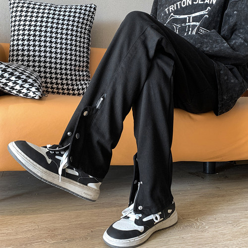 高街裤脚拉链开叉牛仔裤