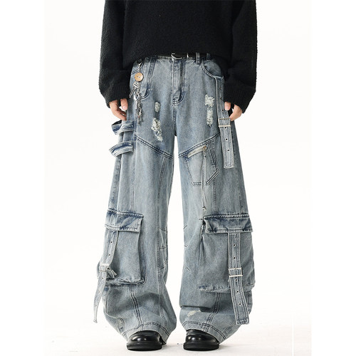 美式重工解构多口袋弯刀牛仔裤男生宽松阔腿哈伦工装长裤子青少年
