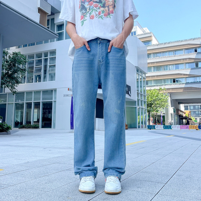 浅蓝色水洗美式牛仔裤男生痞帅国潮vibe风青少年宽松垂感阔腿裤子