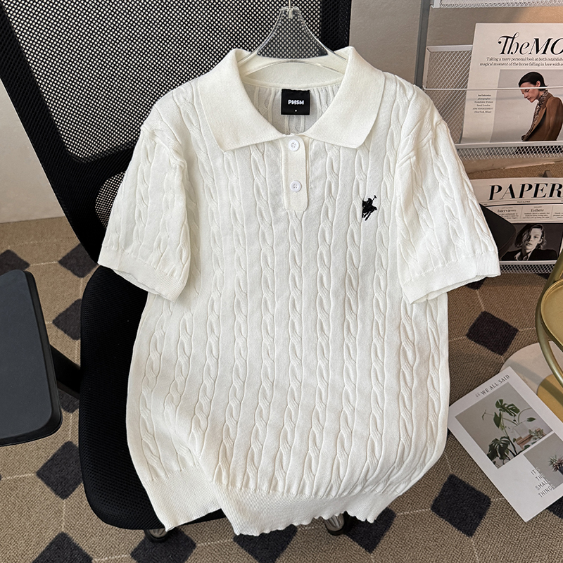 针织麻花短袖polo衫T恤男装夏季宽松cleanfit半截袖体恤上衣翻领