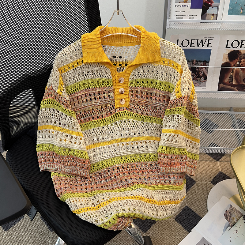 2025新款宽松短袖polo衫男女上衣条纹渐变镂空翻领针织纽扣T恤衫