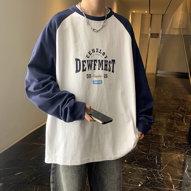 插色拼色印花长袖圆领T恤