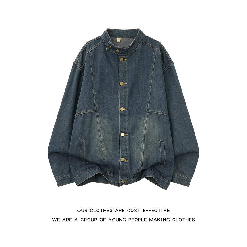 分割感拼接水洗做旧立领牛仔外套男装设计感宽松立体廓形夹克美式
