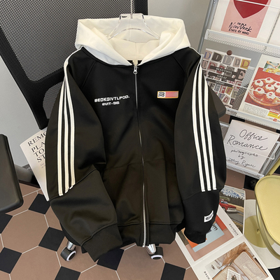复古拼接三条杠连帽卫衣男女新款2025春秋拉链棒球服开衫夹克外套