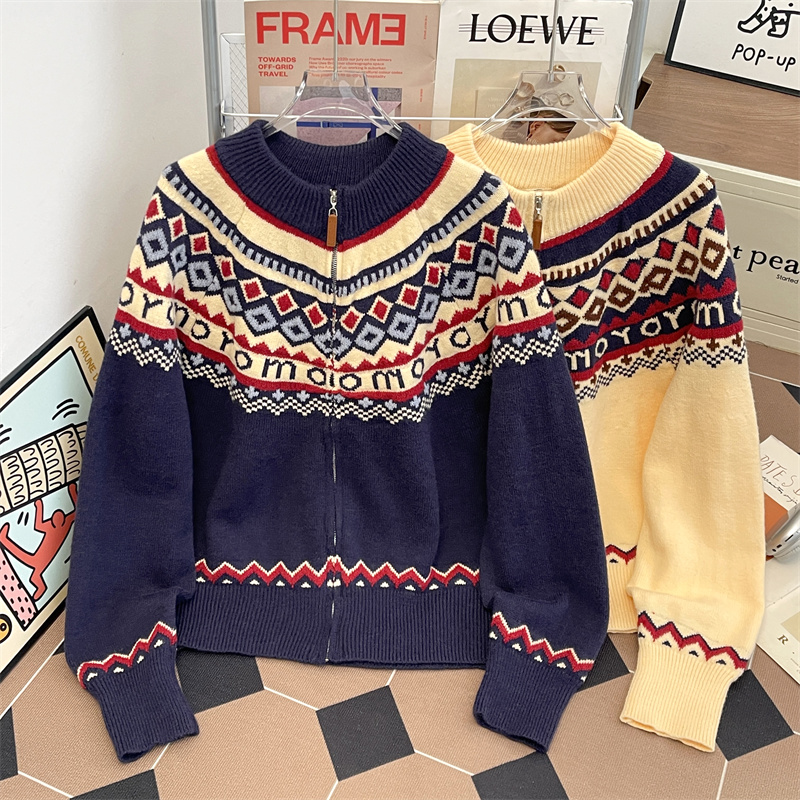 美式撞色拉链开衫毛衣男女秋冬季ins潮牌圆领针织衫宽松保暖外套