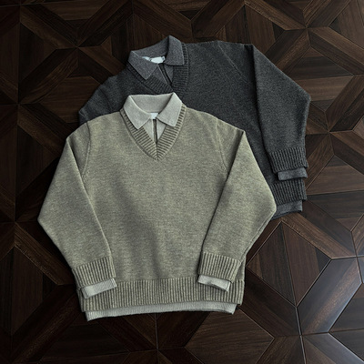 假两件v领毛衣男款冬季高级感cleanfit老钱风针织衫翻领内搭打底