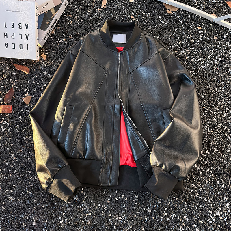 美式解构pu皮衣外套男装秋季防风机车服工装皮夹克复古宽松棒球服