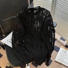 小众设计感镂空套头毛衣男款潮流ins宽松休闲破洞针织罩衫上衣