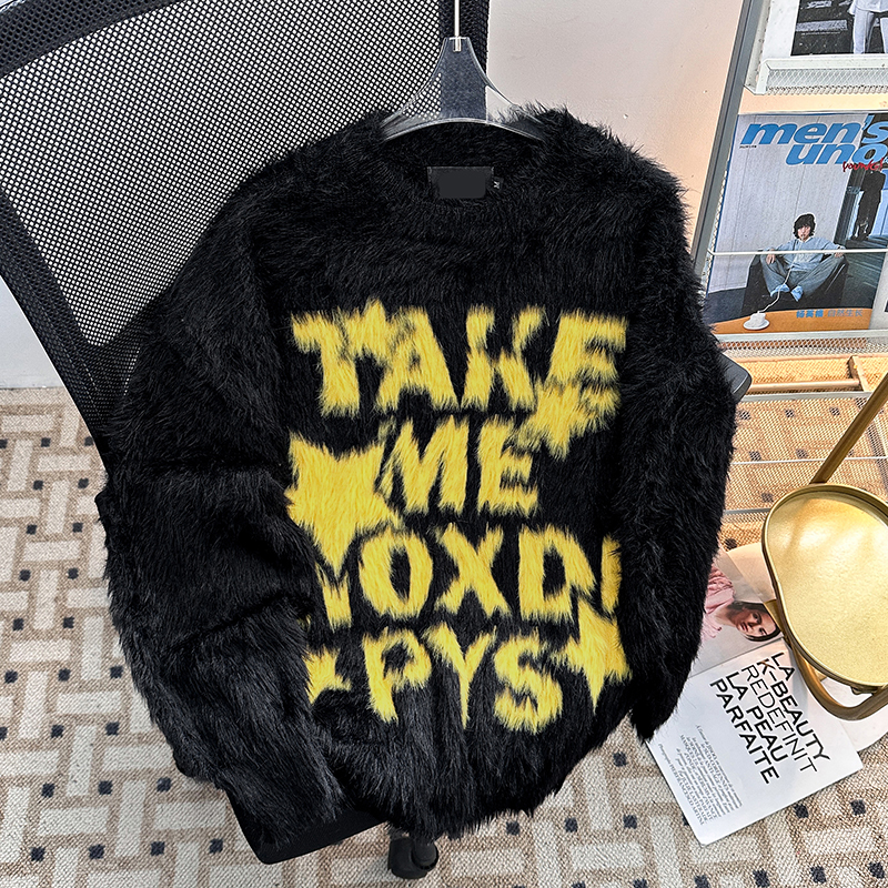 美式街头情侣软糯水貂毛字母毛衣秋冬男女毛针织衫长袖圆领ins潮