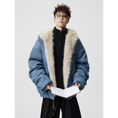 座山雕加绒加厚毛领棉衣外套男款2025冬装高级感美式连帽毛绒棉服