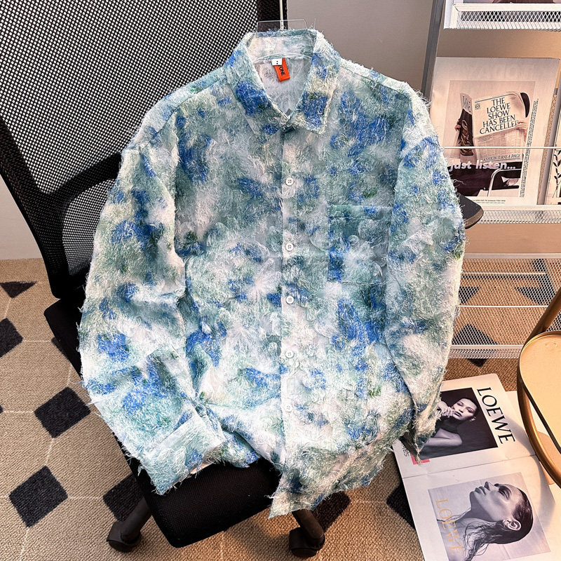 碎花衬衫防晒衬衫外套潮牌男女夏季长袖高级设计毛边衬衣宽松休闲