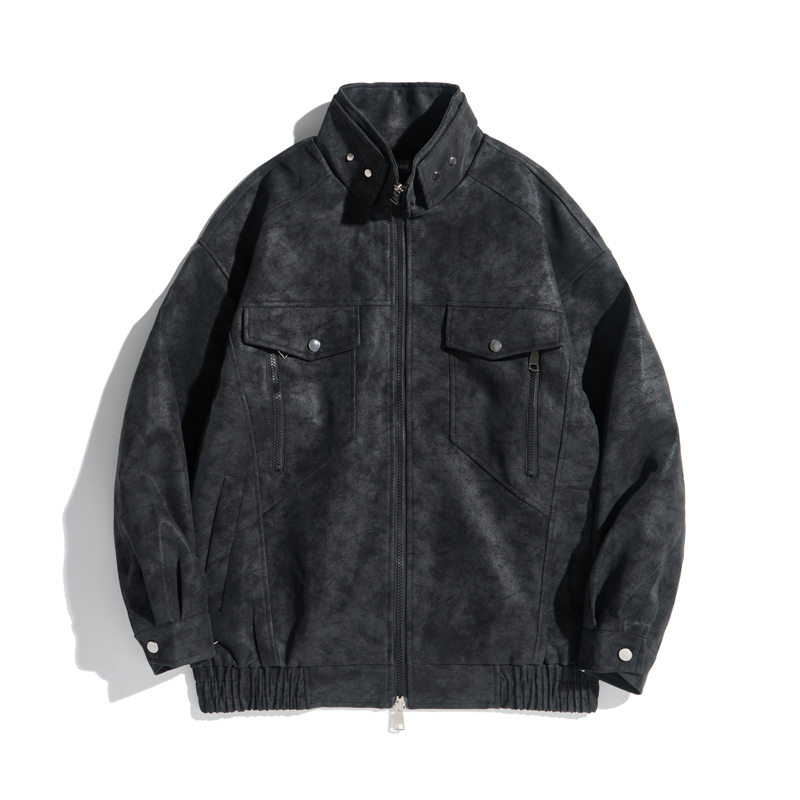 韩系复古立领工装夹克男装春秋季ins潮牌垫肩皮衣外套飞行机车服