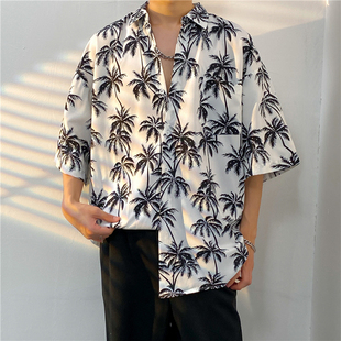 夏威夷短袖 男ins痞帅沙滩潮流椰子树复古衬衣外套 宽松冰丝花衬衫