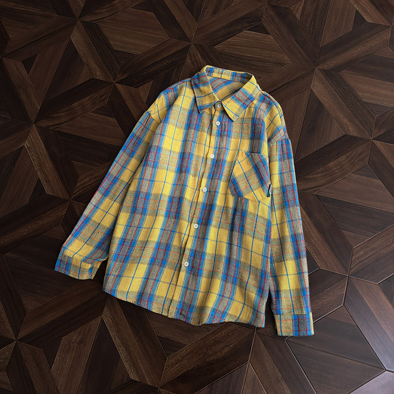 美式长袖黄色格子衬衫男女宽松潮流情侣装高级感薄款防晒衬衣外套