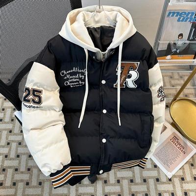 冬季毛巾绣飞行员夹克棉衣男款拼接加厚连帽棒球棉服宽松保暖棉袄