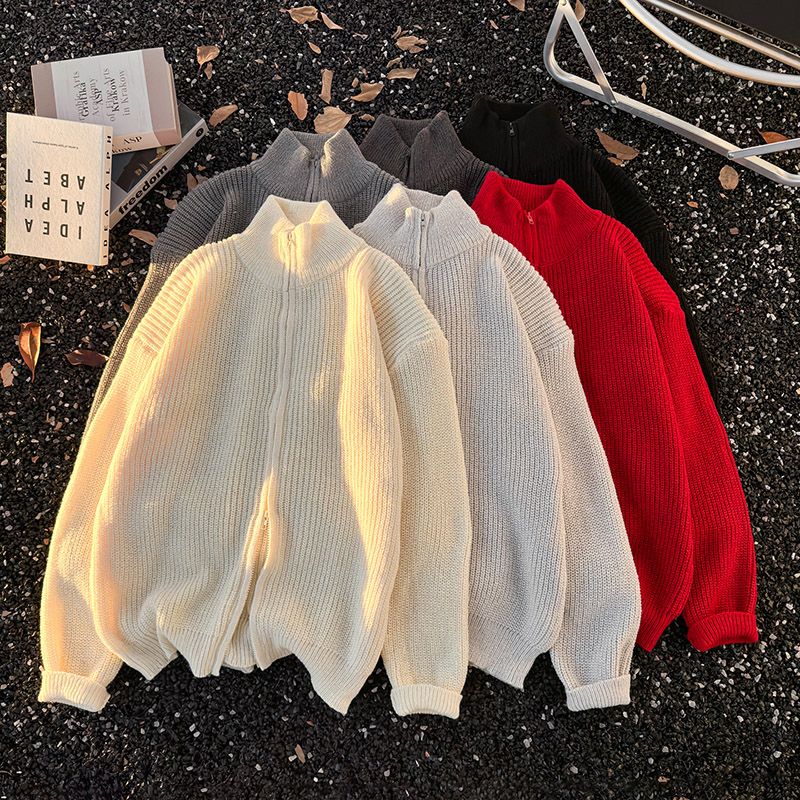 cleanfit双拉链头纯色长袖毛衣男款冬季高级感针织衫美式立领外套